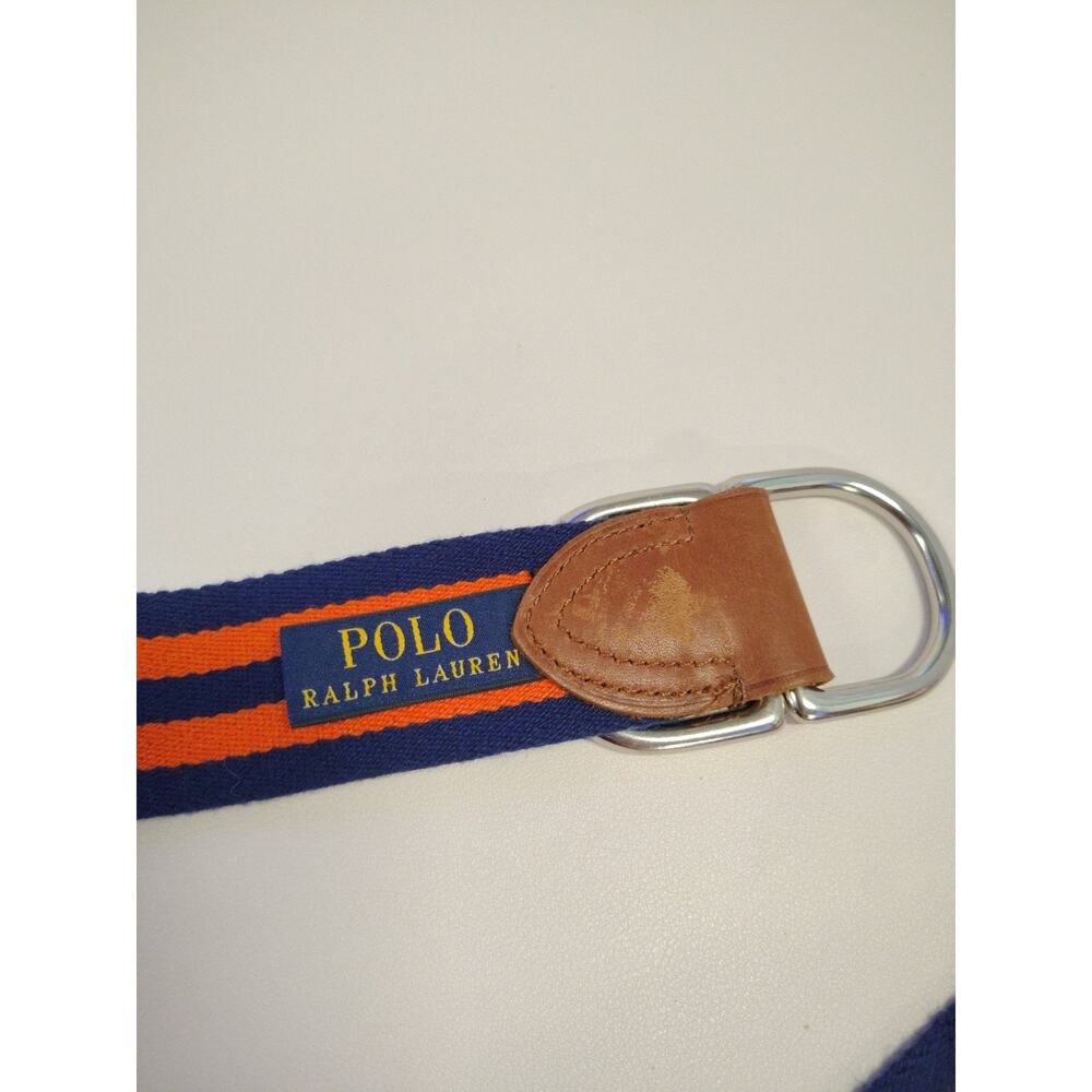 Polo Ralph Lauren Striped D-Ring Belt Navy Blue Orange Canvas Leather Trim 43" - Picture 8 of 8